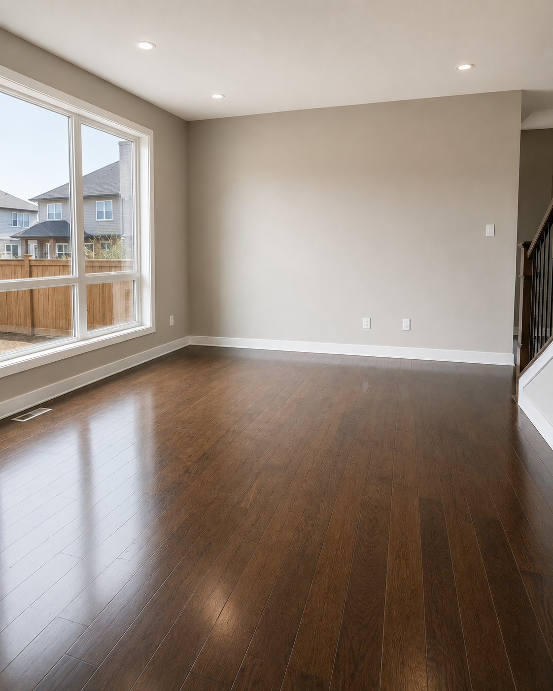 Calgary living room after professional move-out cleaning — polished hardwood floors